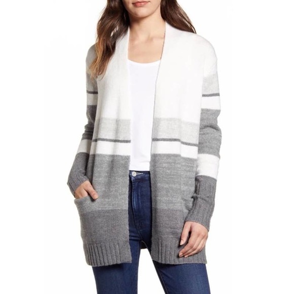 Caslon White and Gray Striped Soft Open Cardigan